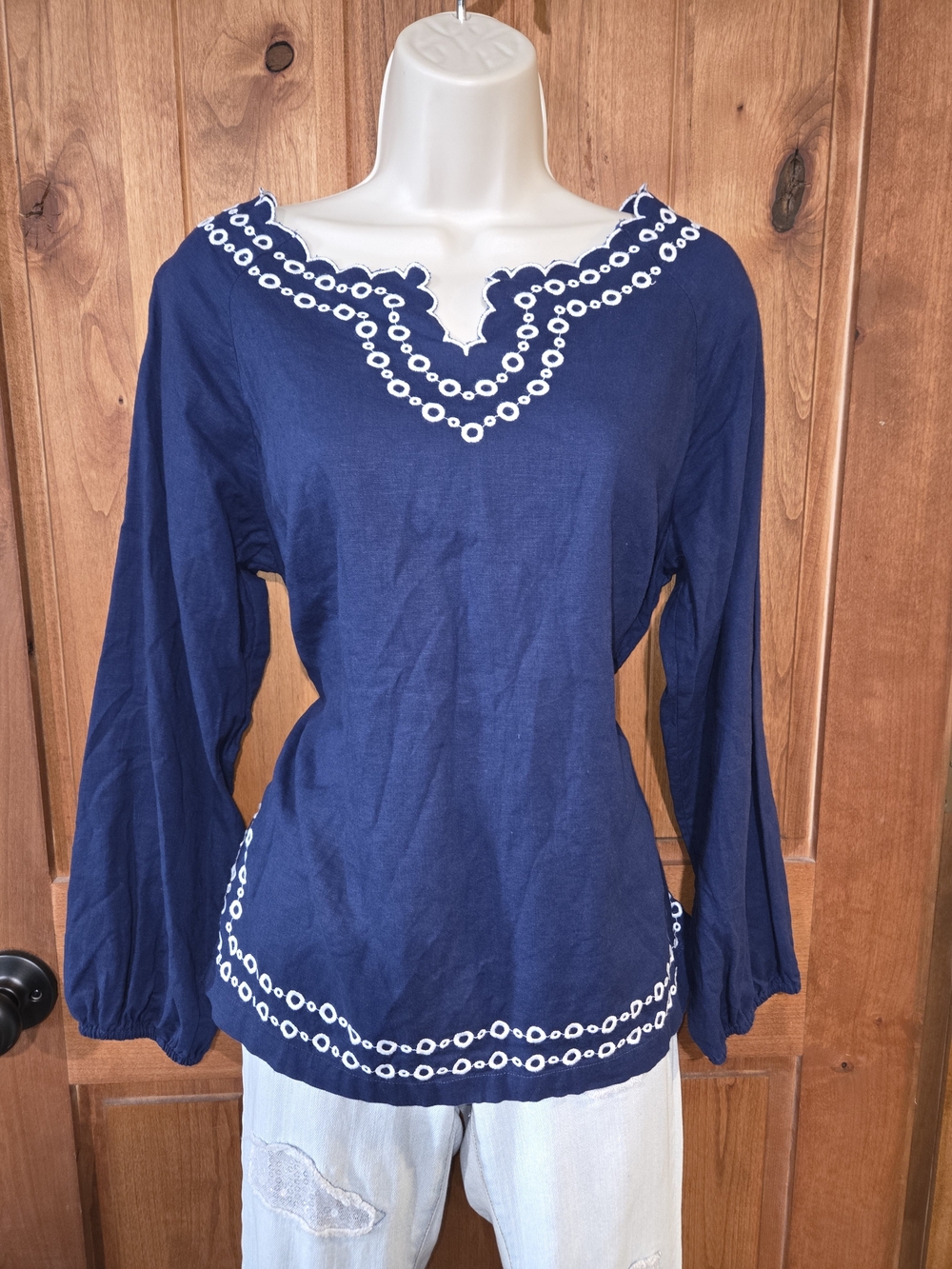 Talbots Navy Long-Sleeve Embroidered Peasant Top